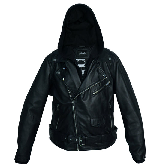Women's Leather Motorcycle Jacket with Hoodie