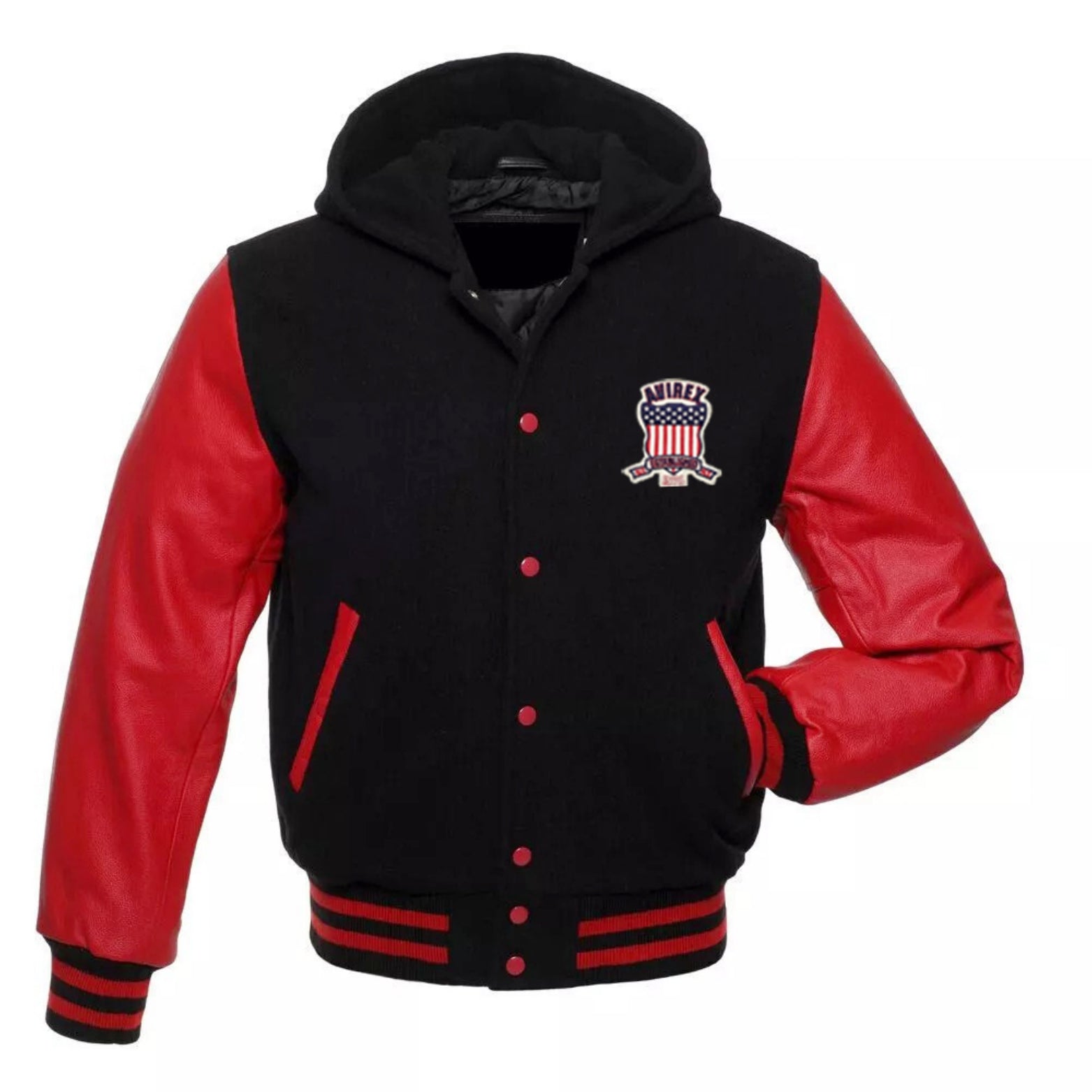 Avirex USA Varsity Hoodie Wool Jacket with Leather Sleeves, Americana Streetwear