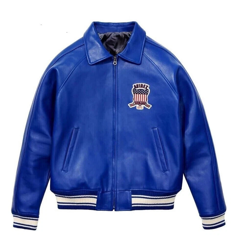 Mens Blue Avirex Real Leather Bomber Jacket American Flight Leather Jacket