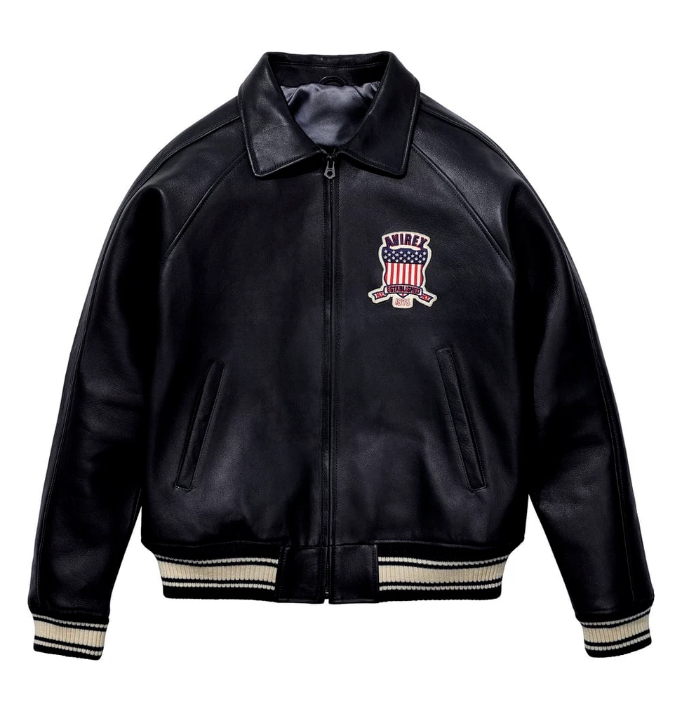 Mens Black Avirex Leather Bomber Jacket American Flight Leather Jacket