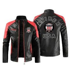 Mens AVIREX Biker Jacket Leather with USA Shield Patch and Racing Accents