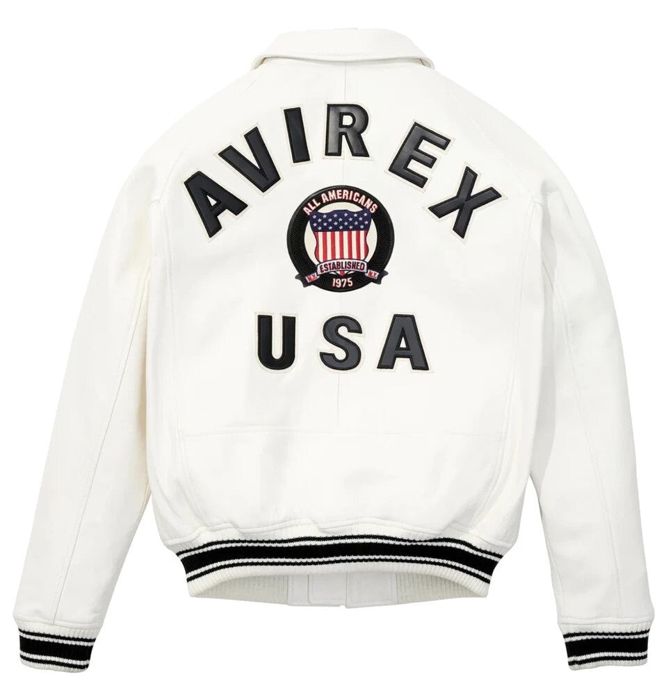Mens Avirex White Leather Jacket Bomber American Flight  Jacket USA