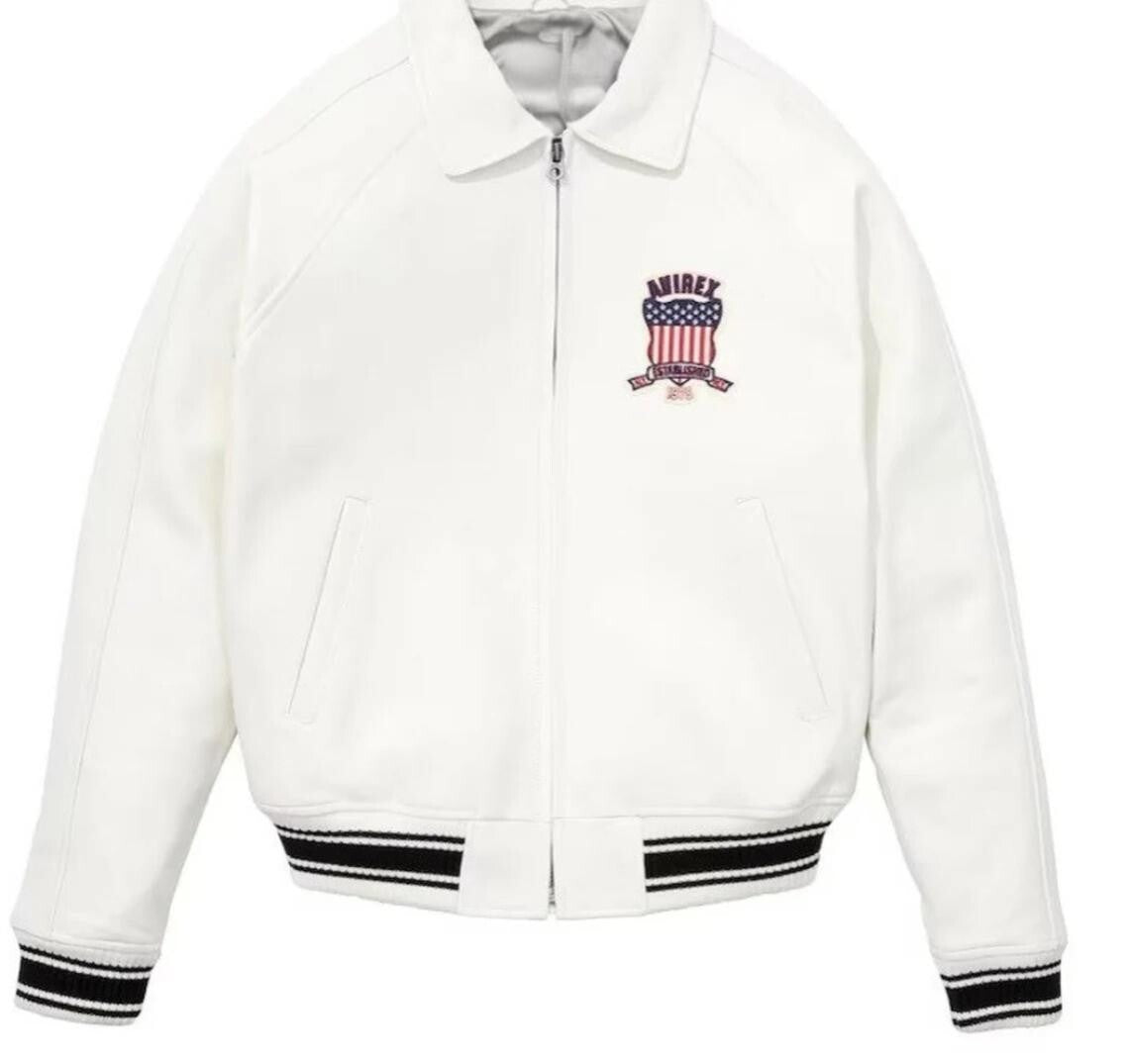 Mens Avirex White Leather Jacket Bomber American Flight  Jacket USA